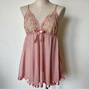 Sheer Pink Lace Babydoll Nightdress with Satin Bow